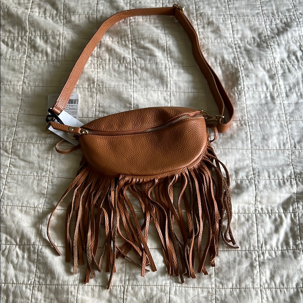 Fringe Tan Leather Belt Bag